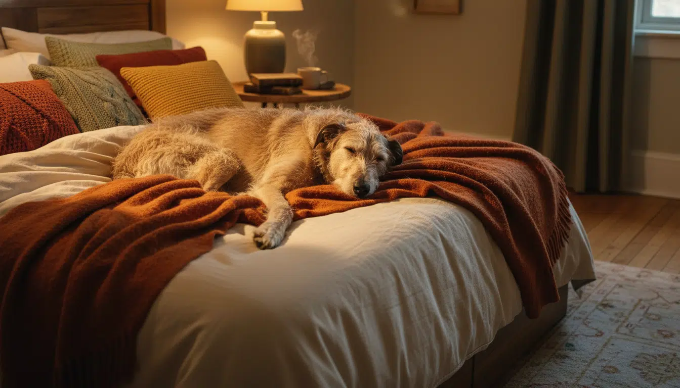 Un lurcher couché sur un lit dans une chambre éclairée