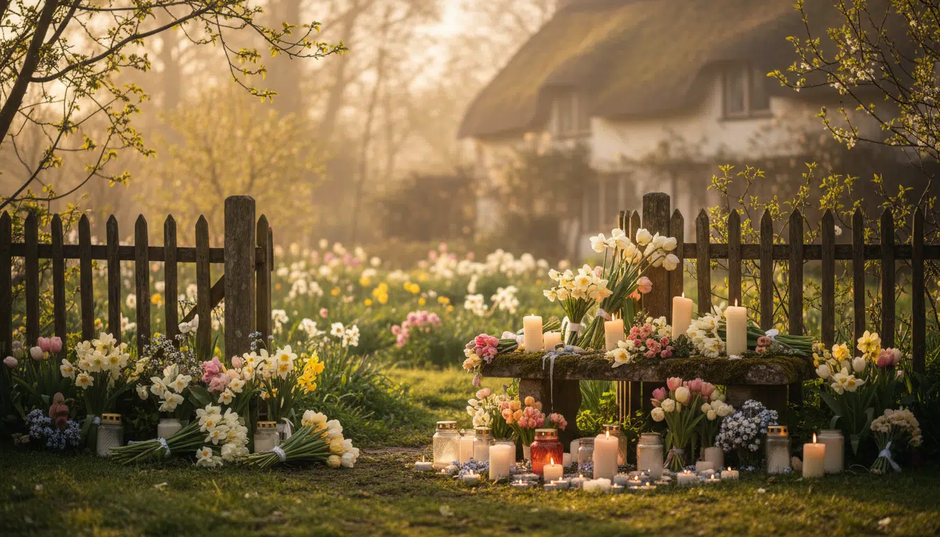 Hommages floraux déposés devant une maison dans l'Essex