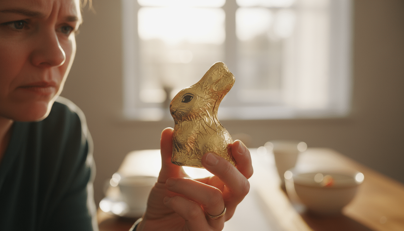 Parent examinant un lapin en chocolat noir de Pâques