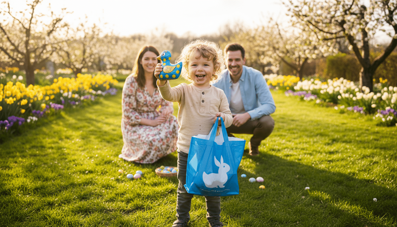 Enfant avec un canard en chocolat au lait lors de la chasse aux œufs