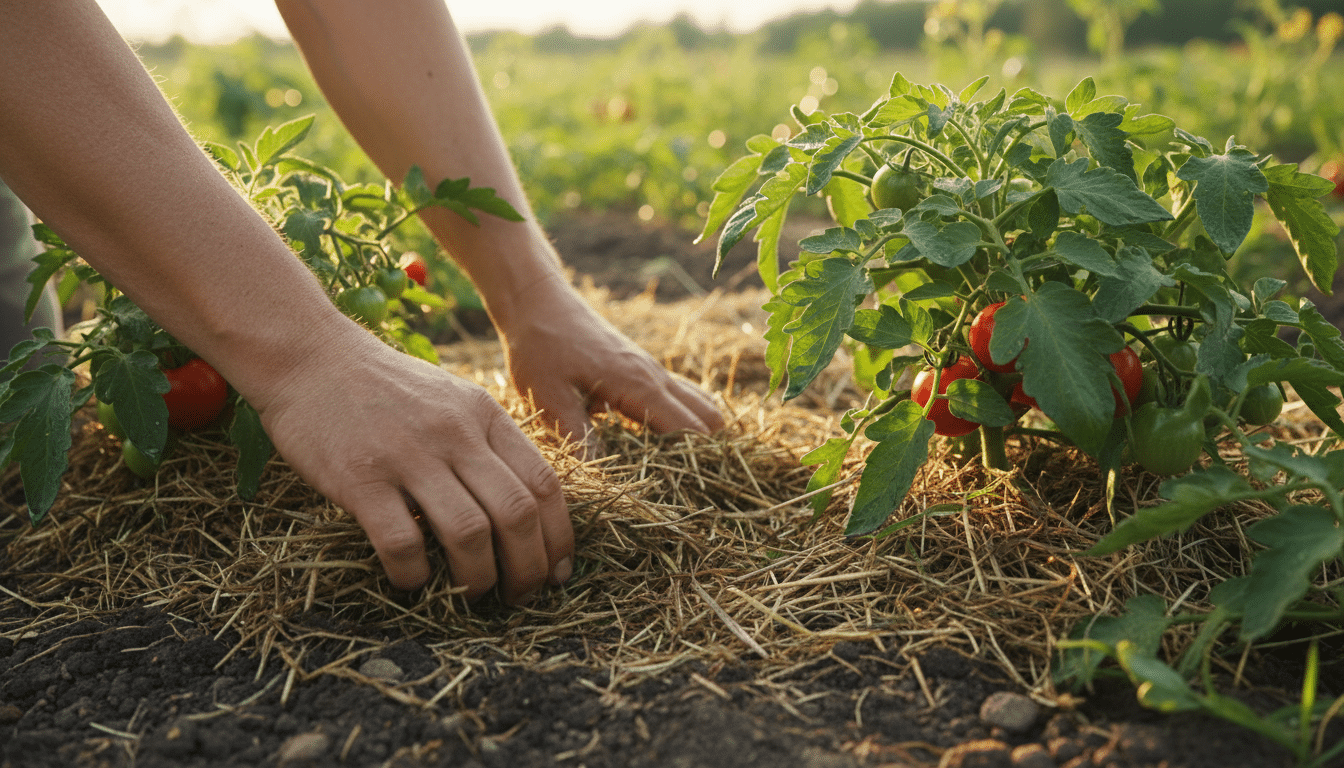 Mains étalant de la tonte séchée au pied de tomates