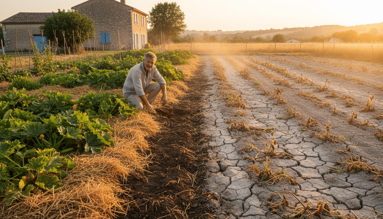 Comparaison sol paillé humide et sol sec craquelé au potager