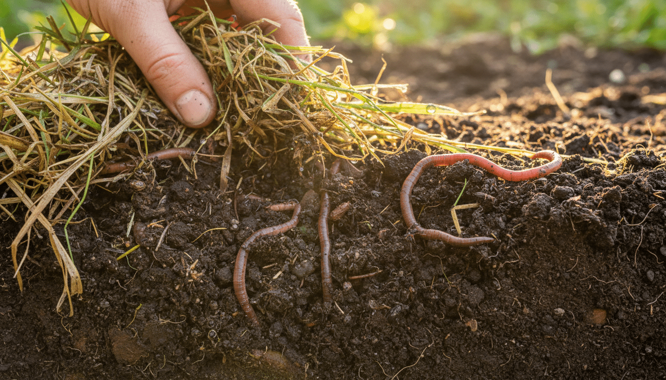 Lombrics dans un sol riche sous une couche de paillage végétal