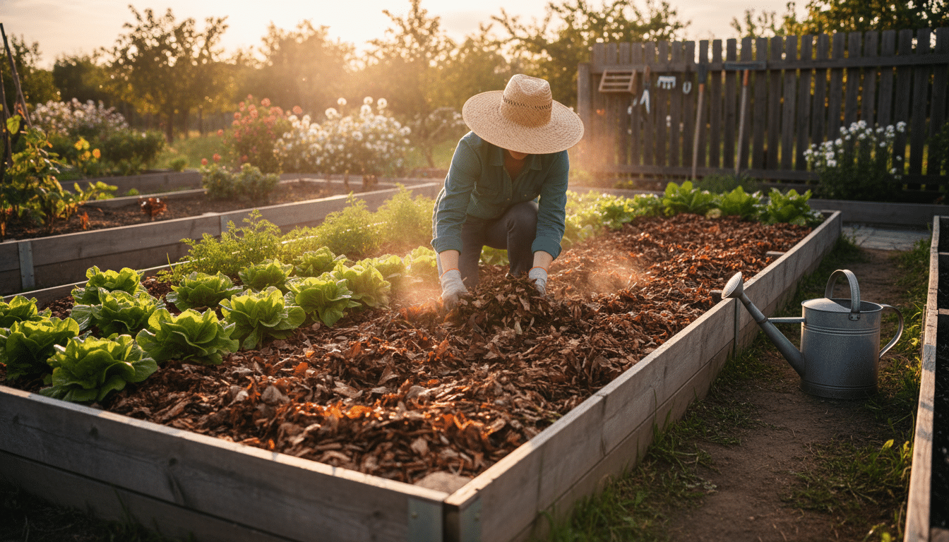 Jardinier appliquant une épaisse couche de paillis au potager