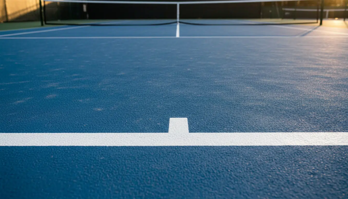 Surface d'un court de tennis en dur sous un éclairage dramatique, évoquant les tournois d'Indian Wells et Miami