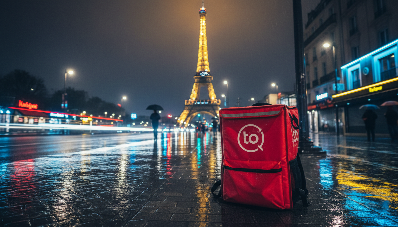 Sac de livraison de repas posé sur un trottoir parisien sous la pluie la nuit, tour Eiffel floue en arrière-plan