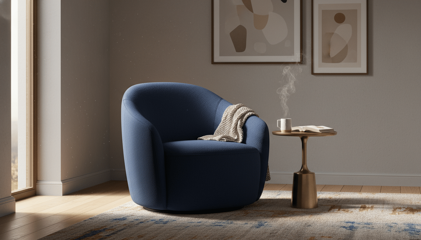 Fauteuil pivotant LILLESÄTER bleu foncé dans un salon lumineux
