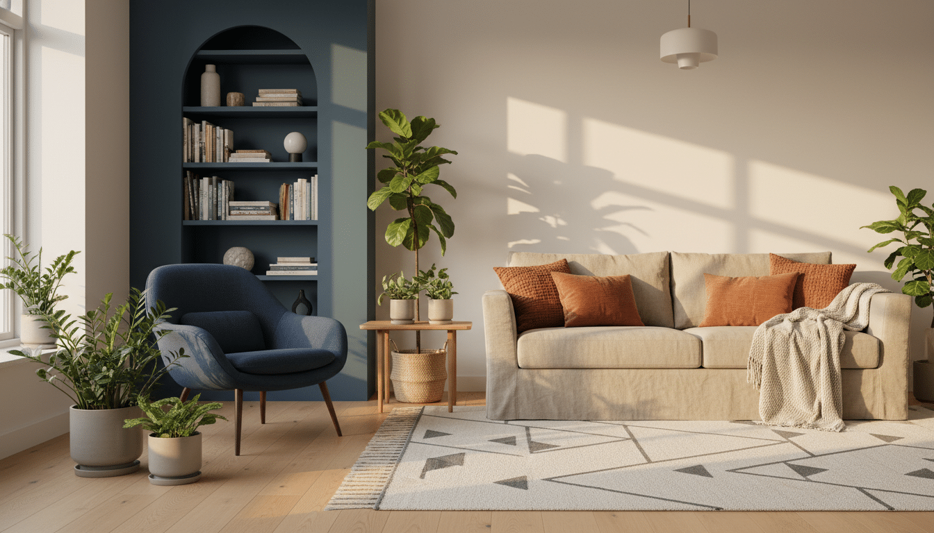 Salon déco avec fauteuil LILLESÄTER bleu et bibliothèque Billy assortie