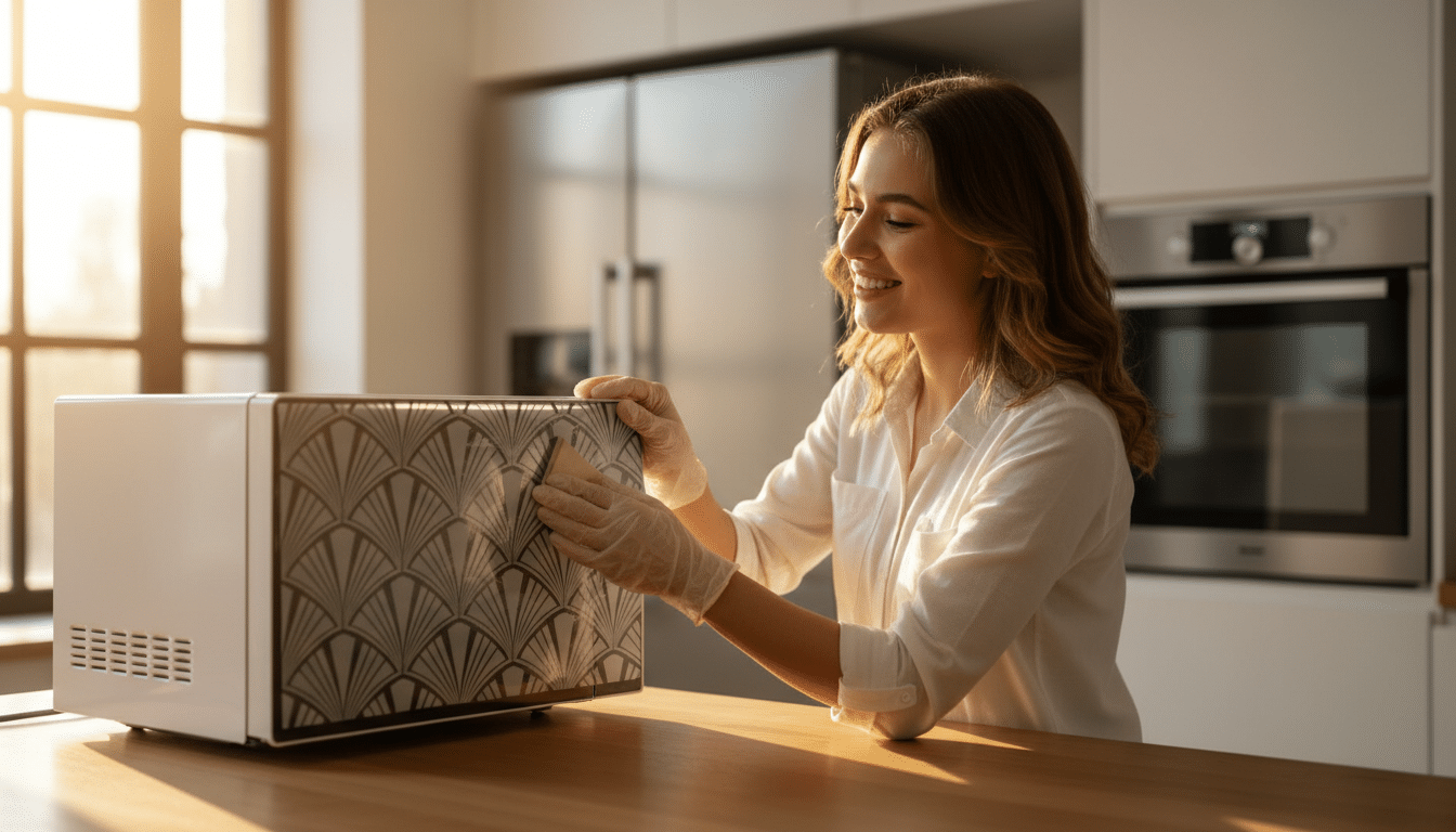 Femme appliquant un film vitrail sur son micro-ondes