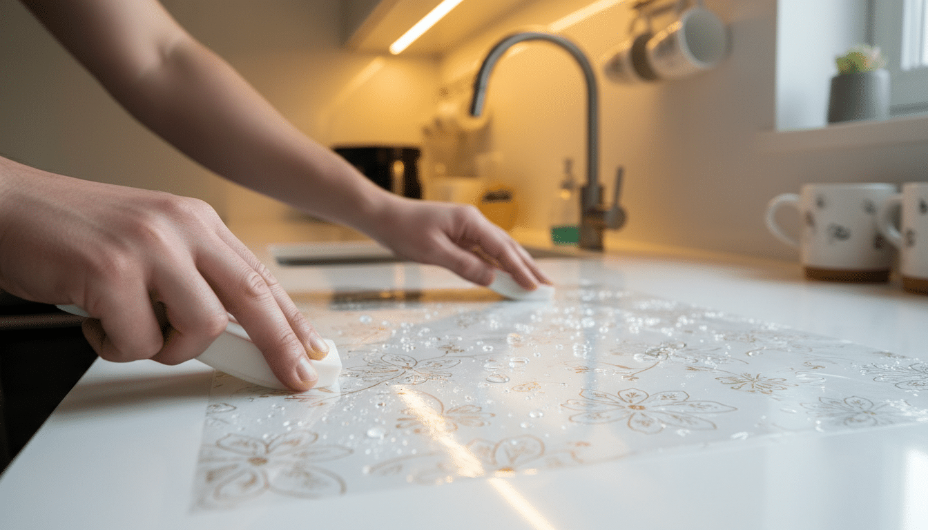 Mains posant un film décoratif sur surface lisse