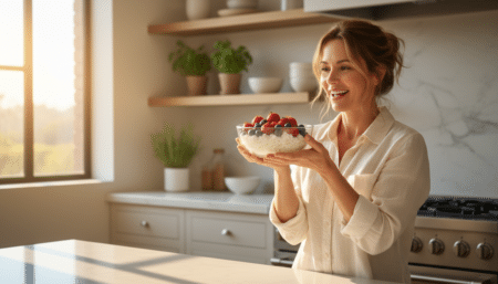 Femme souriante tenant un bol de cottage cheese aux fruits frais