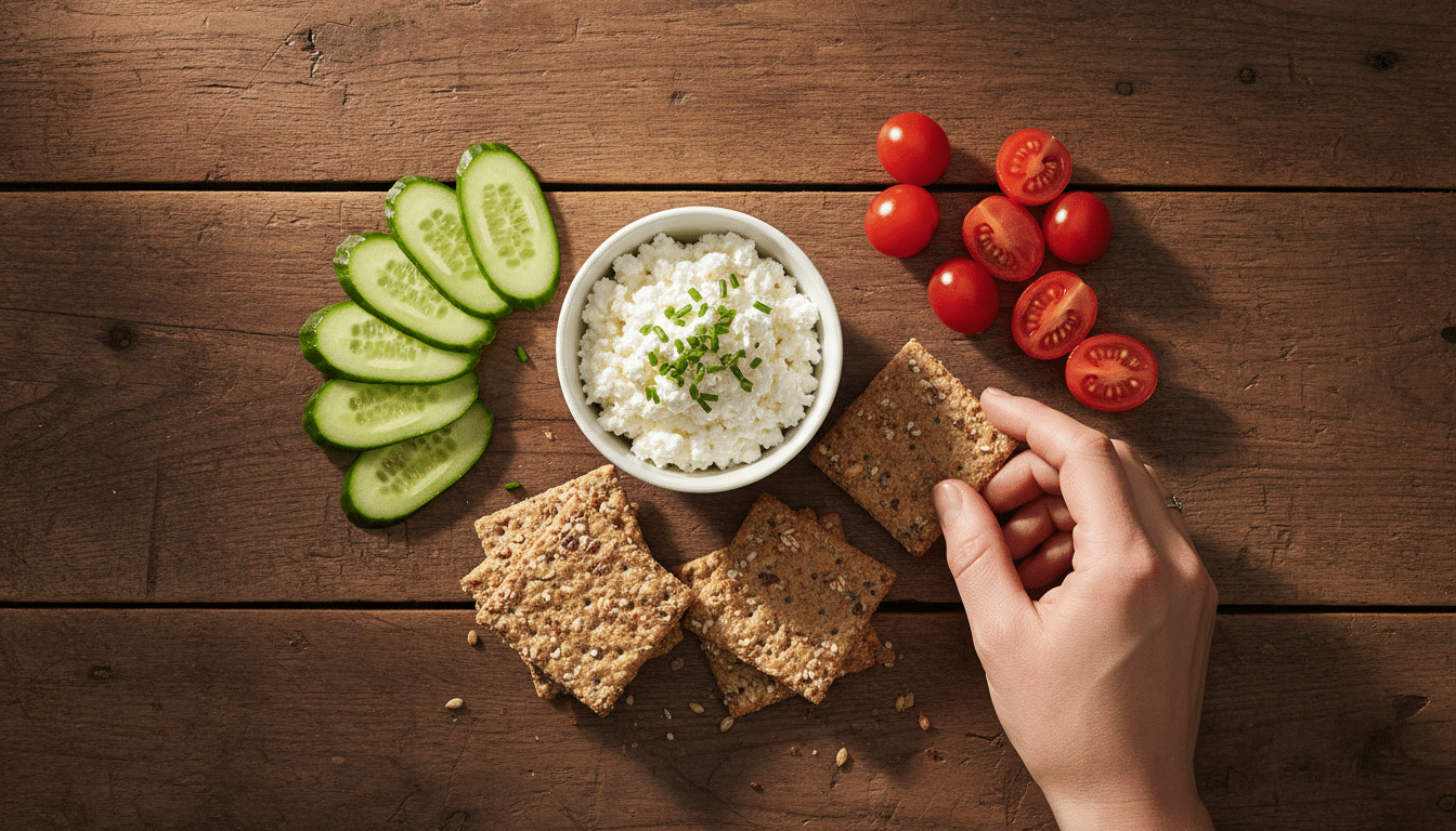 Bol de cottage cheese avec crudités et crackers sur table en bois