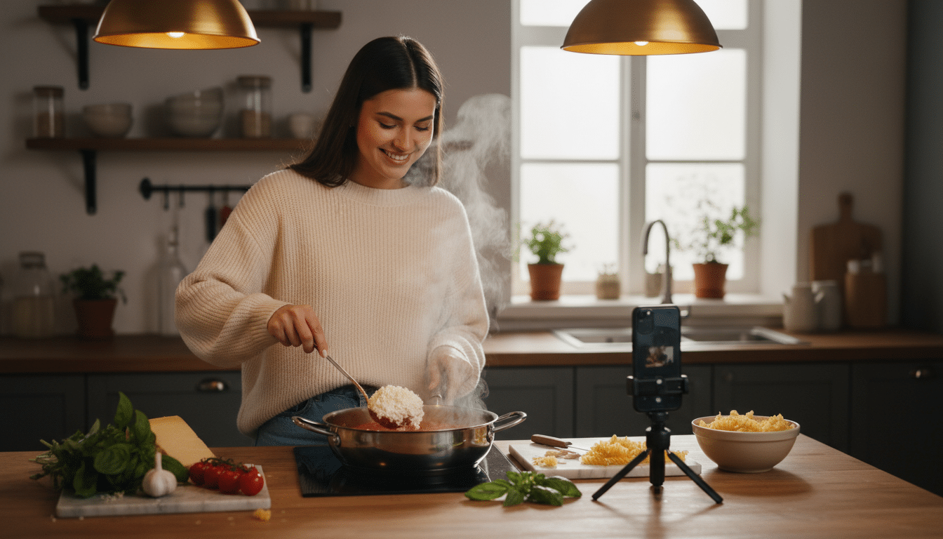 Créatrice de contenu filmant une recette au cottage cheese en cuisine