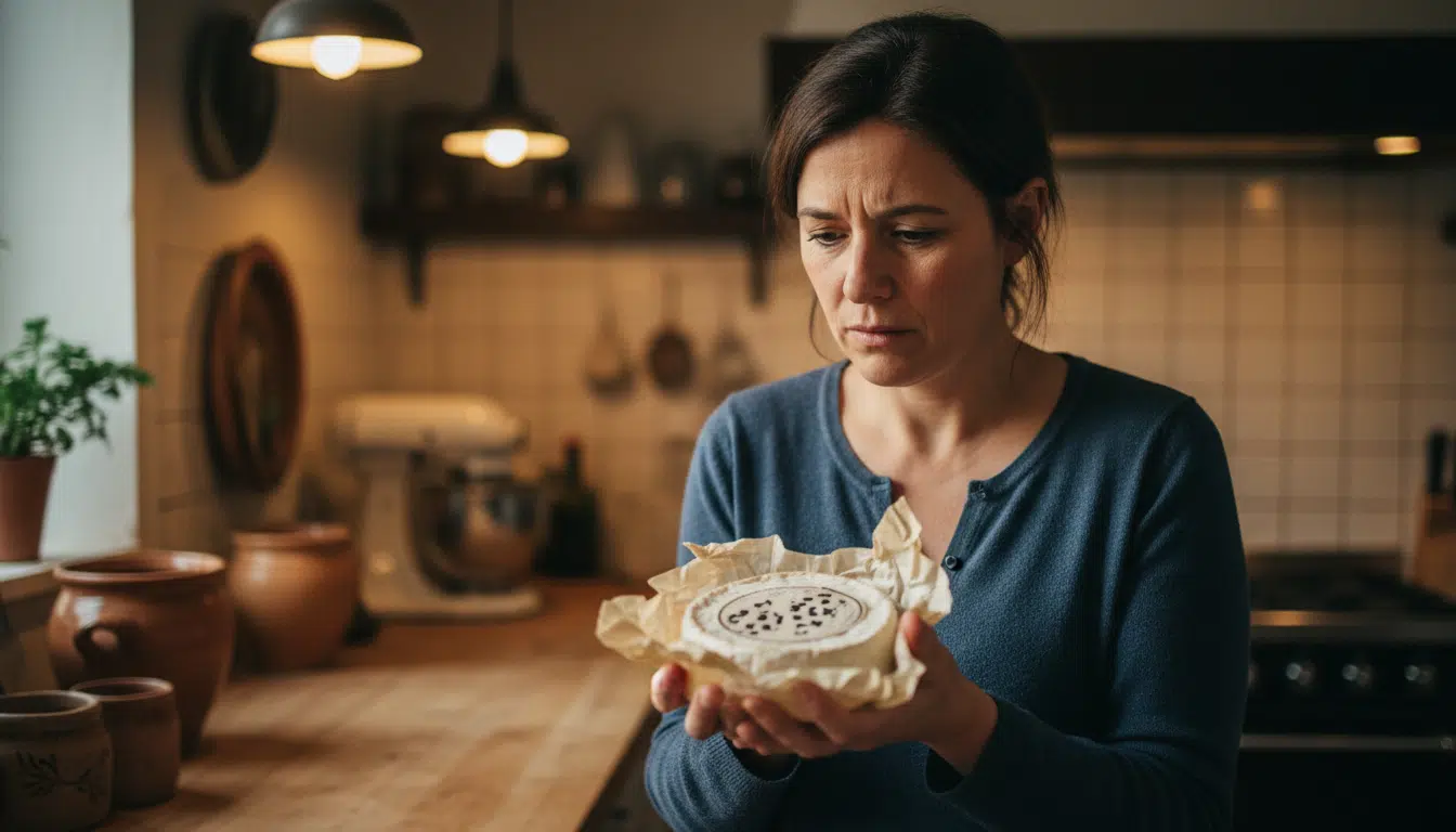 Femme vérifiant l'étiquette d'un fromage Brillat-Savarin dans sa cuisine