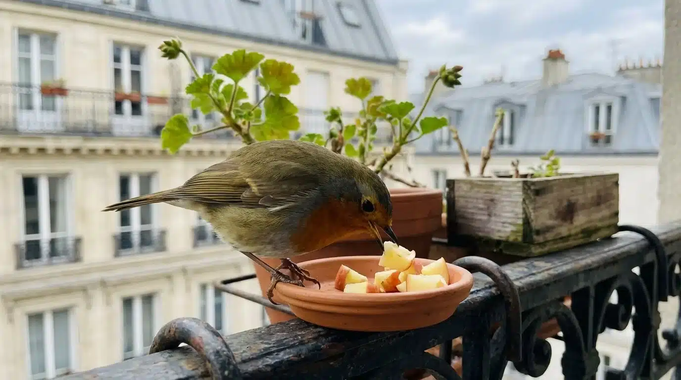 Un rouge-gorge mange des morceaux de pomme dans une soucoupe en terre cuite posée sur un balcon parisien