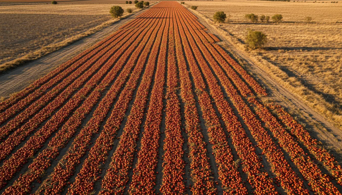 Champ espagnol couvert de tomates abandonnées pourrissant au soleil