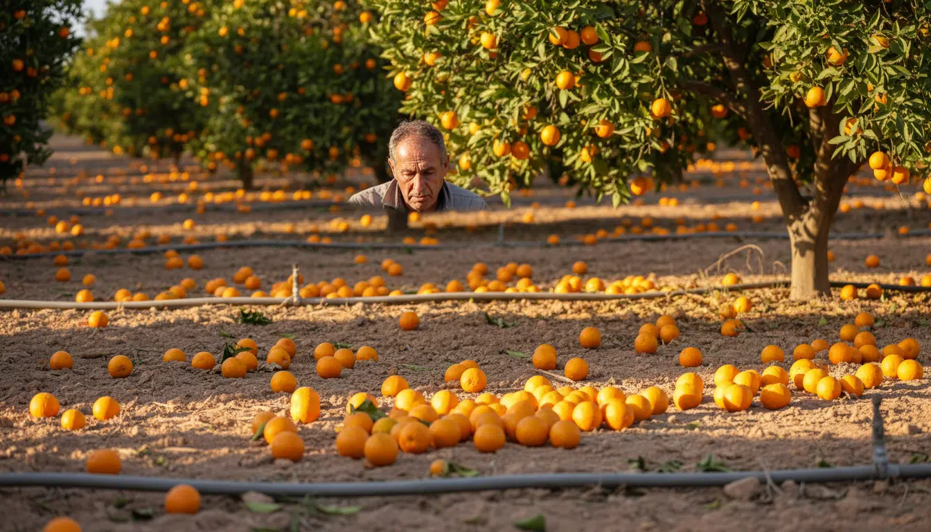 Agriculteur espagnol désemparé devant des oranges au sol