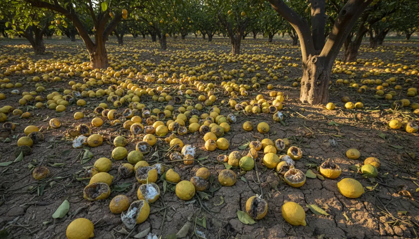 Citrons en décomposition dans un verger d'Alicante