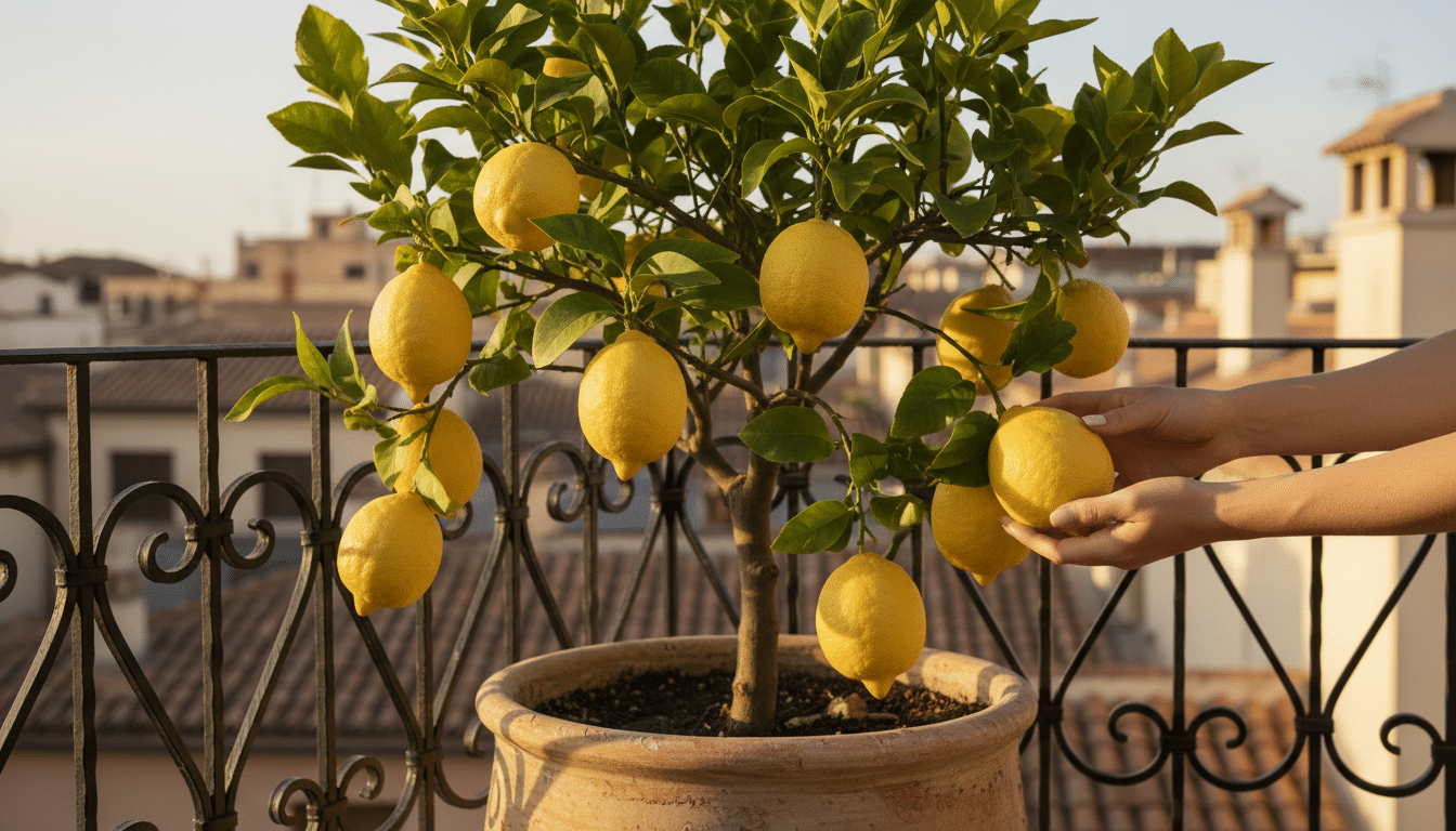Citronnier nain chargé de fruits sur un balcon urbain ensoleillé