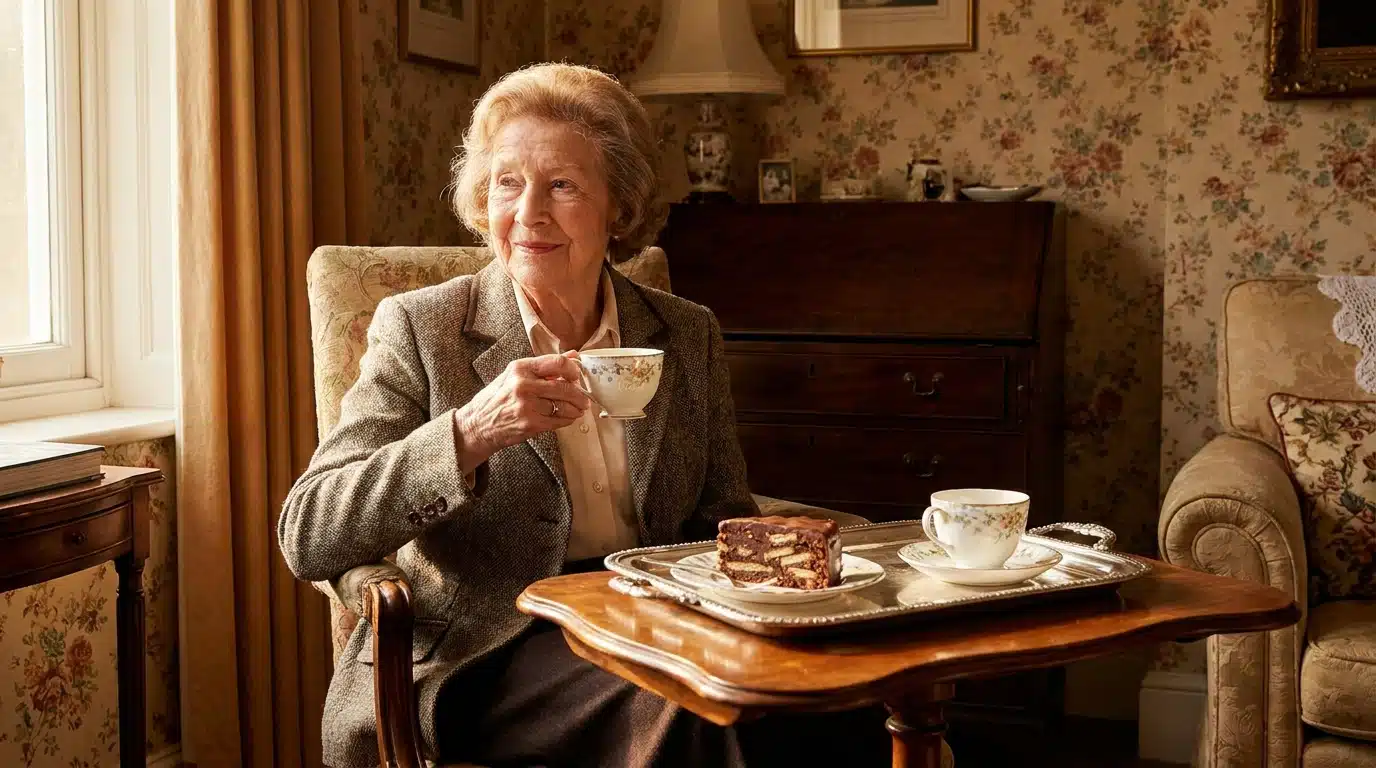 Femme dégustant un chocolate biscuit cake au tea time