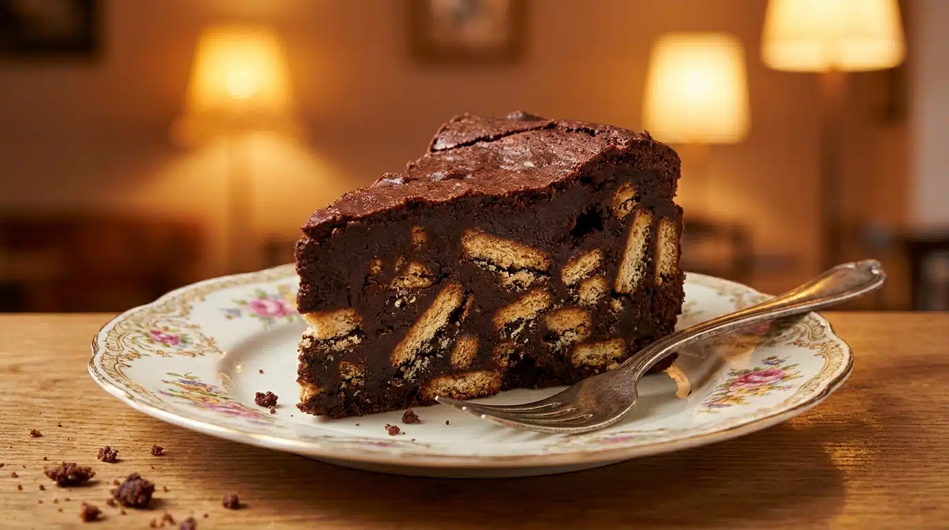 Chocolate biscuit cake tranché révélant les morceaux de biscuits