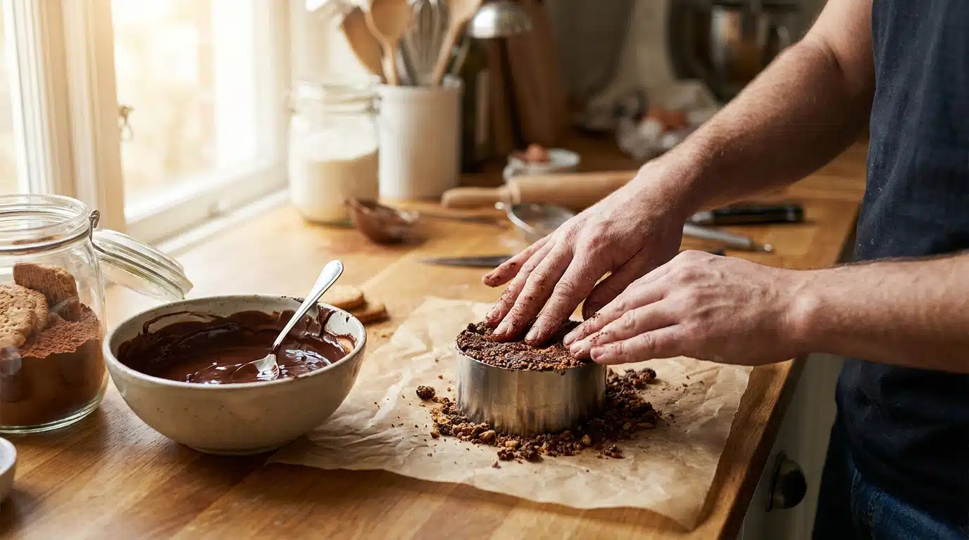 Préparation du gâteau au chocolat dans un cercle à pâtisserie