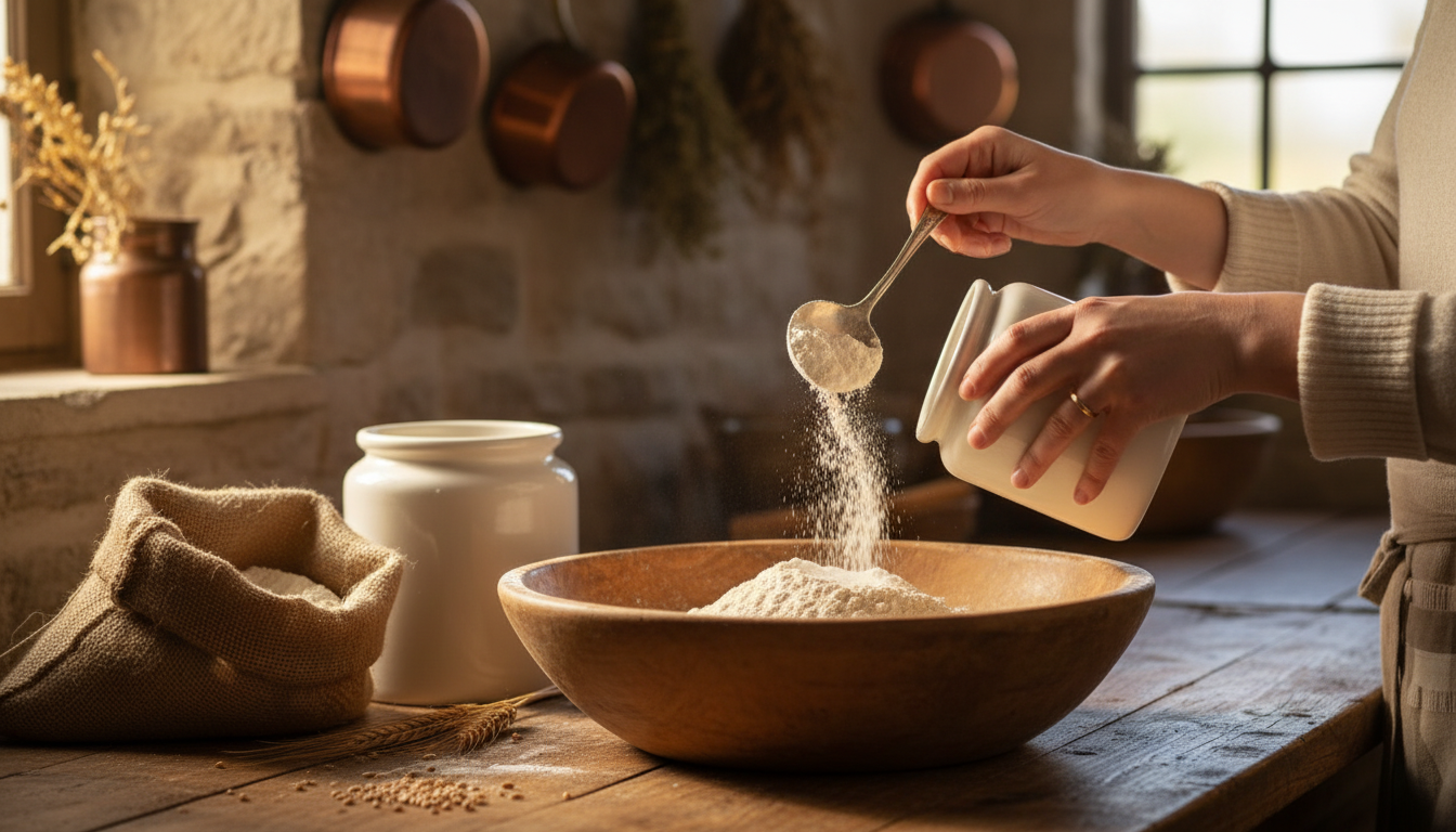 mains mesurant des cuillères de farine dans un bol