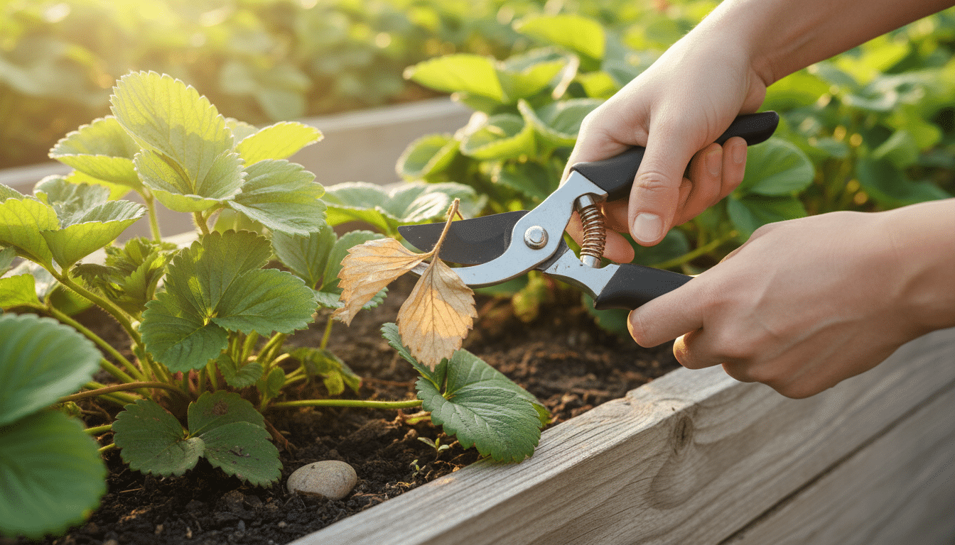 Taille des feuilles sèches d'un fraisier au sécateur