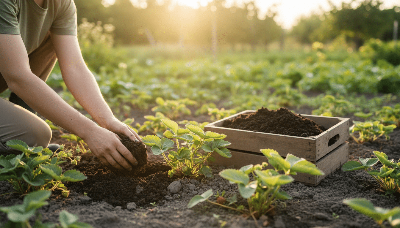 Apport de compost maison autour de plants de fraisiers