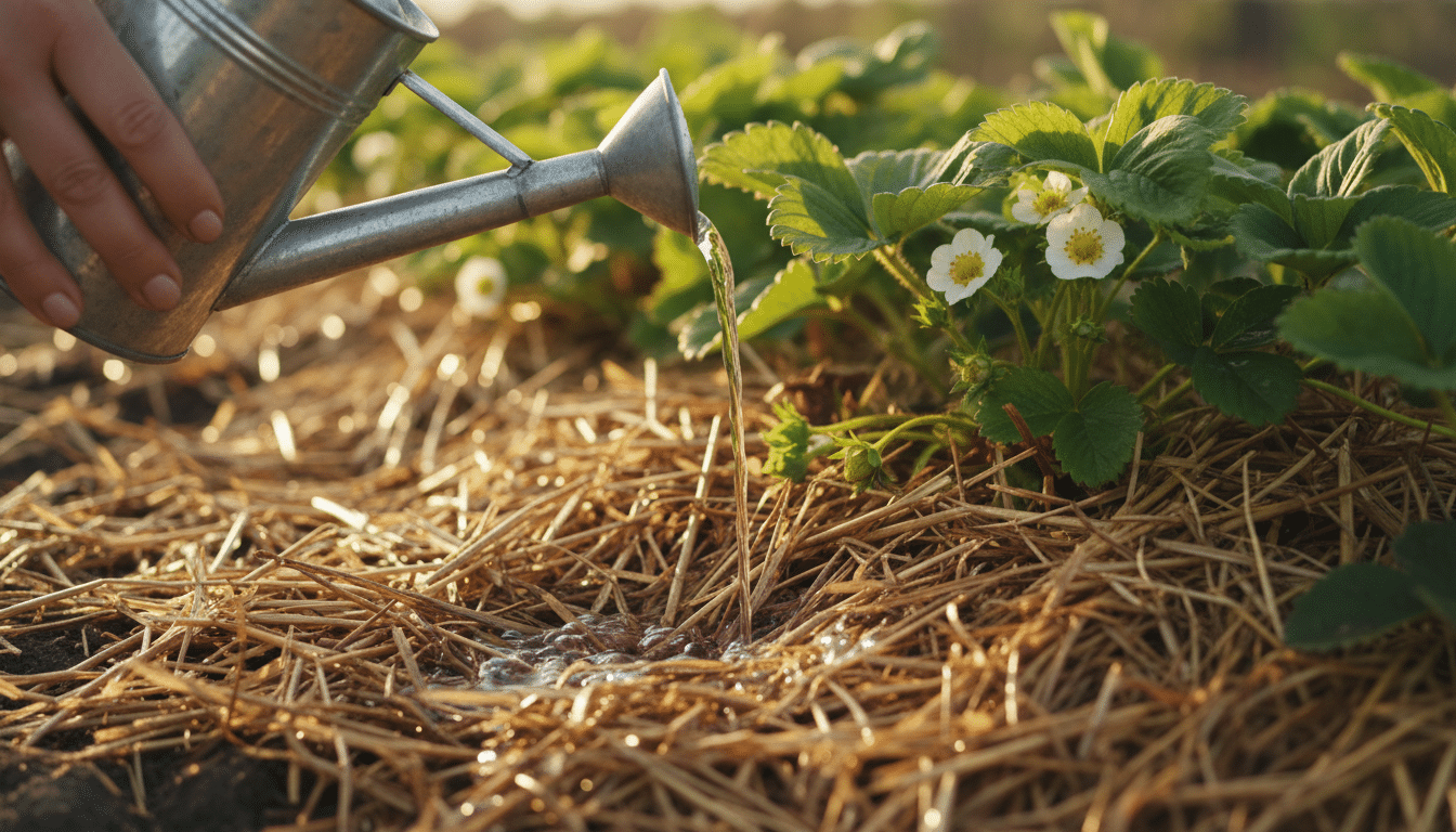 Arrosage au sol de fraisiers paillés au potager
