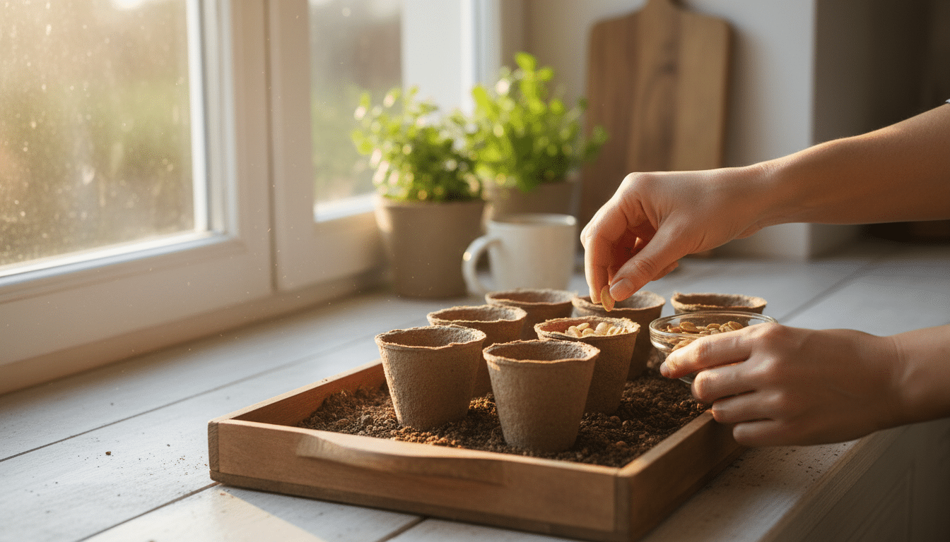 Semis de courgettes en godets sur un rebord de fenêtre ensoleillé