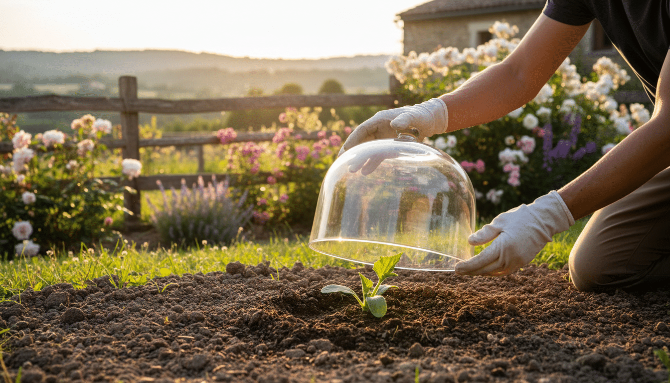 Cloche de forçage posée sur un jeune plant de courgette au jardin