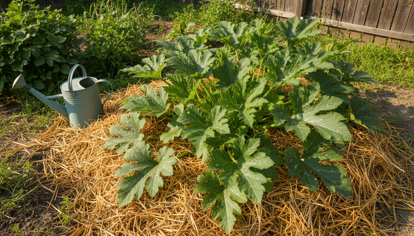 Plant de courgette avec paillage épais au potager