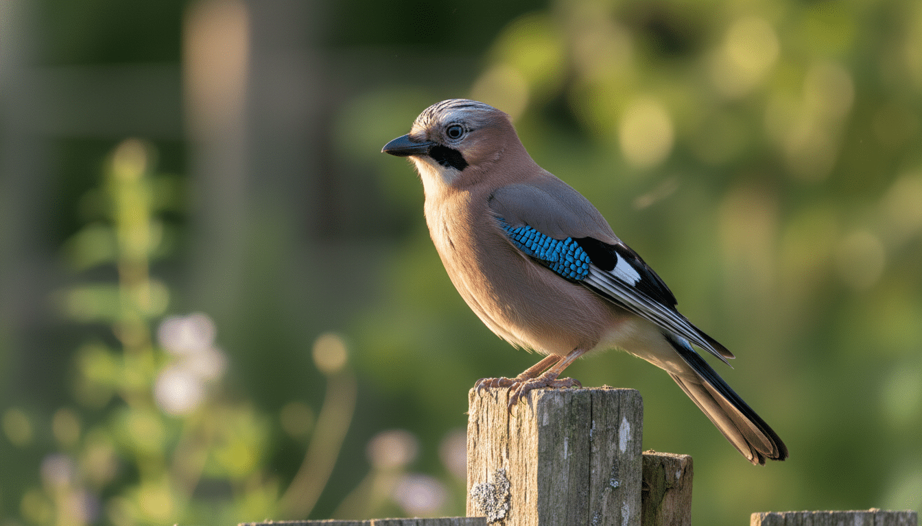 Geai des chênes perché sur une clôture de jardin