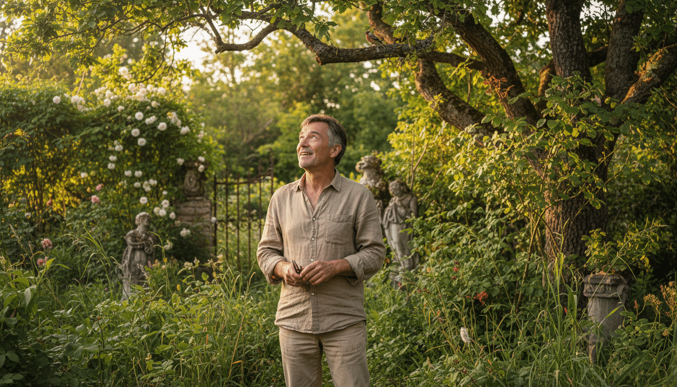Homme surpris observant un oiseau dans son jardin