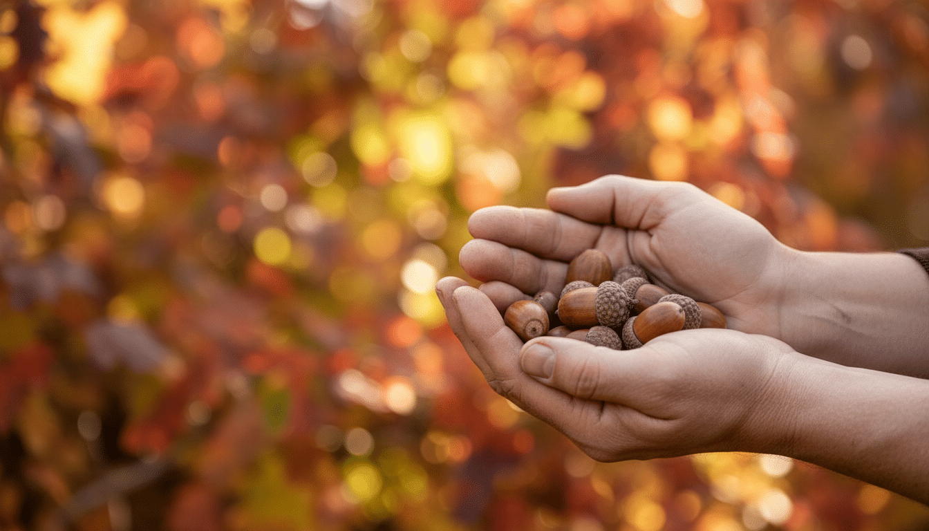 Mains de jardinier tenant des glands en automne