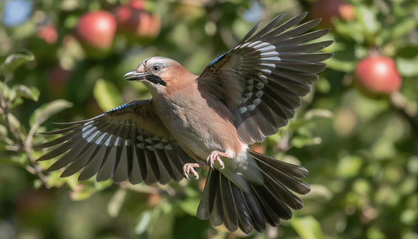 Geai des chênes en vol ailes bleues déployées