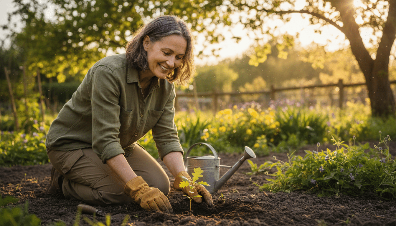 Femme souriante découvrant un jeune chêne dans son jardin