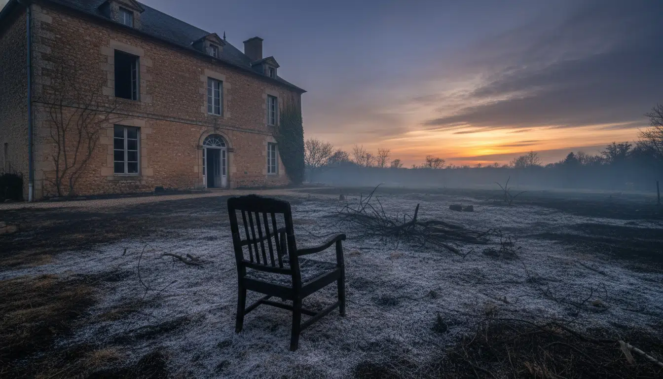 Pelouse brûlée et cendres devant une maison de campagne française, évoquant l'incendie allégué au domaine de Douchy