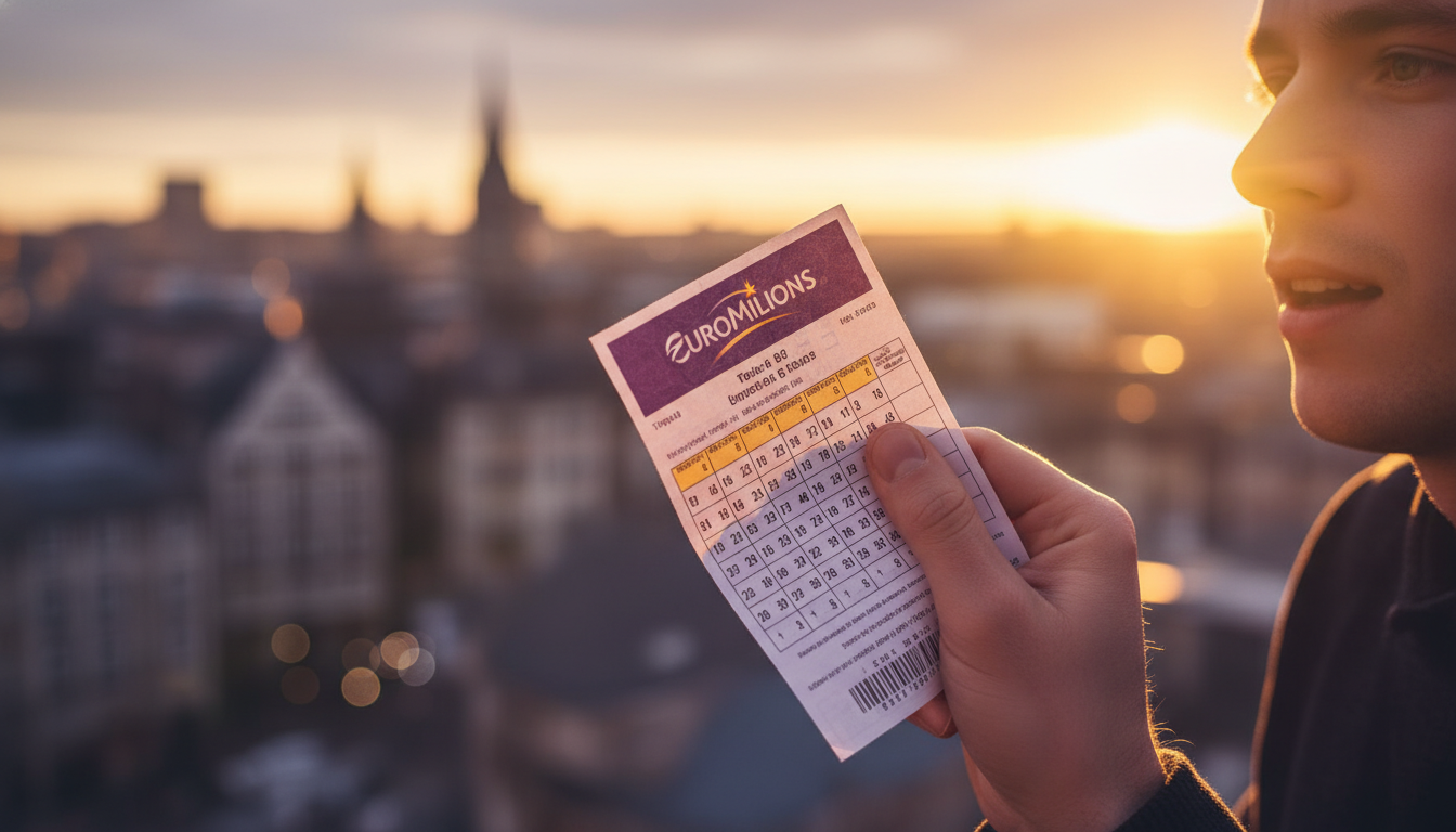 Main tenant un ticket EuroMillions en lumière dorée