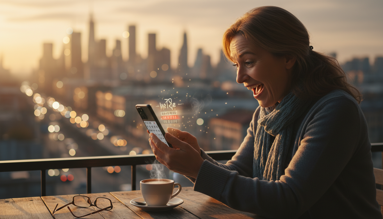 Personne consultant les résultats EuroMillions en terrasse