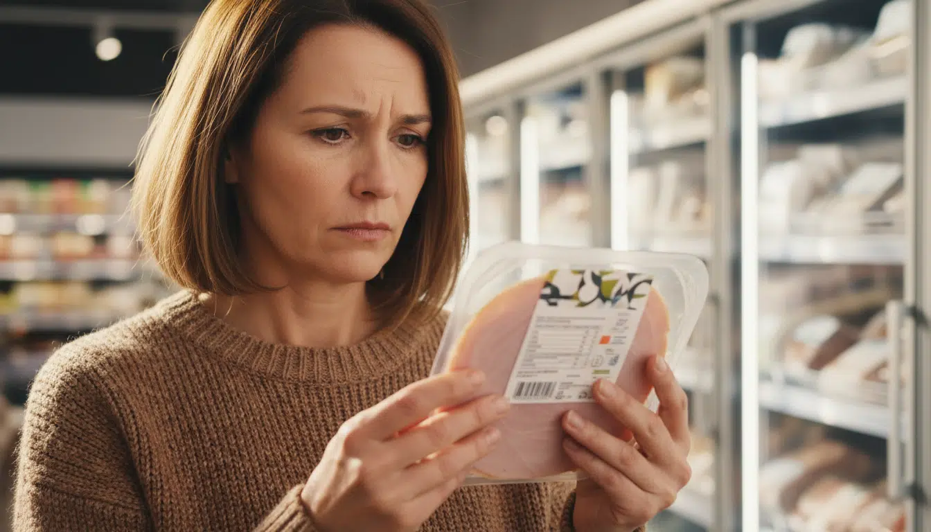 Femme inquiète vérifiant un jambon en supermarché