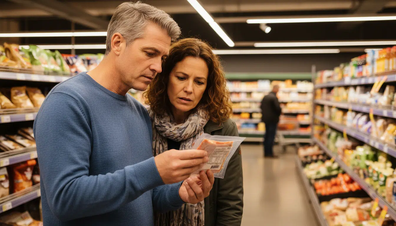 Couple vérifiant l'étiquette d'un jambon en magasin