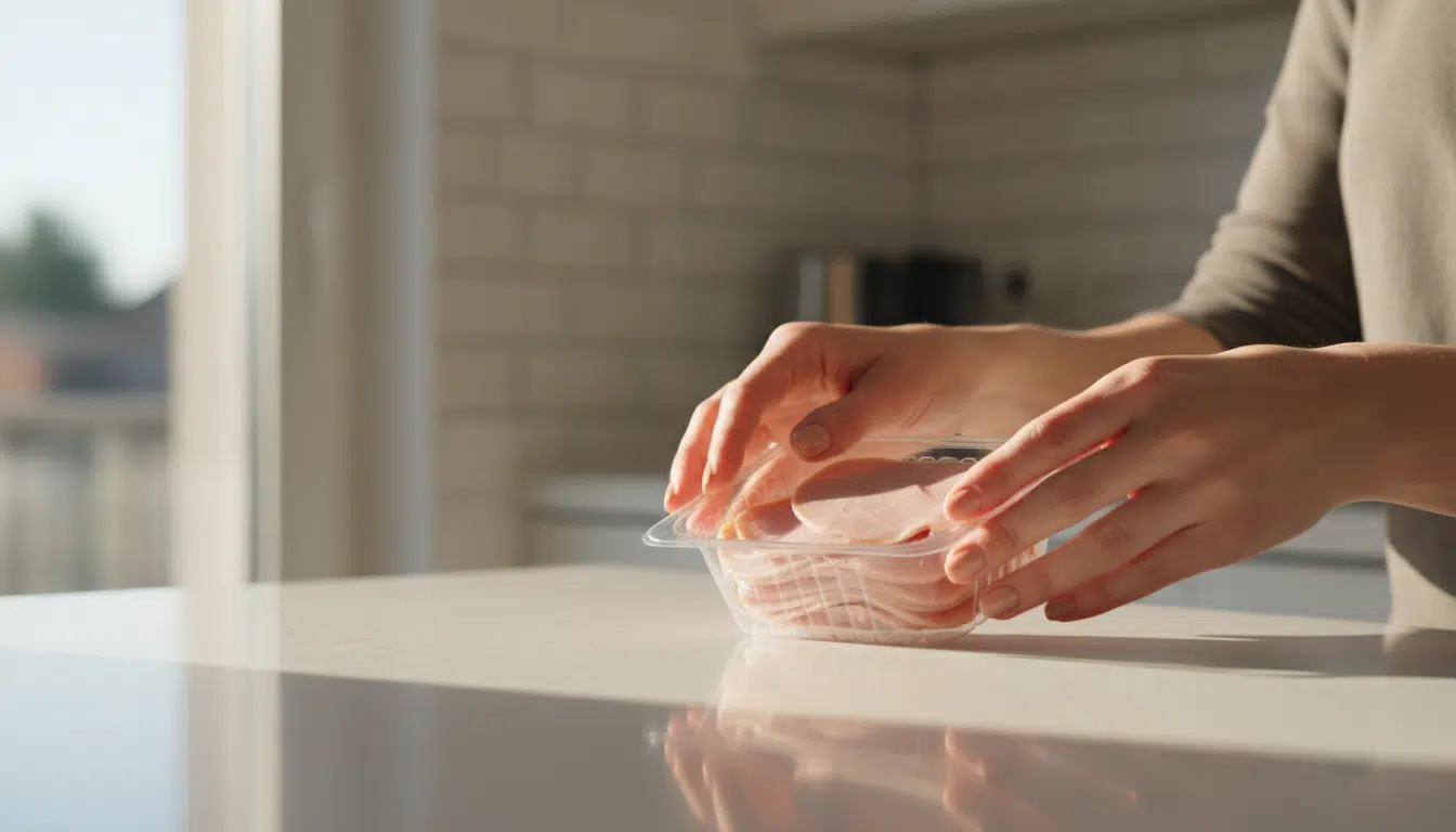 Mains tenant une barquette de jambon blanc