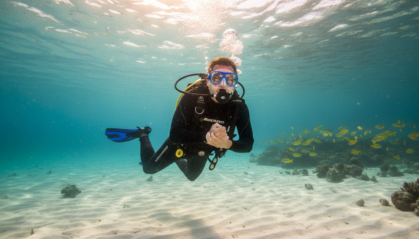 Plongeur piqué par un cône géographe en mer tropicale