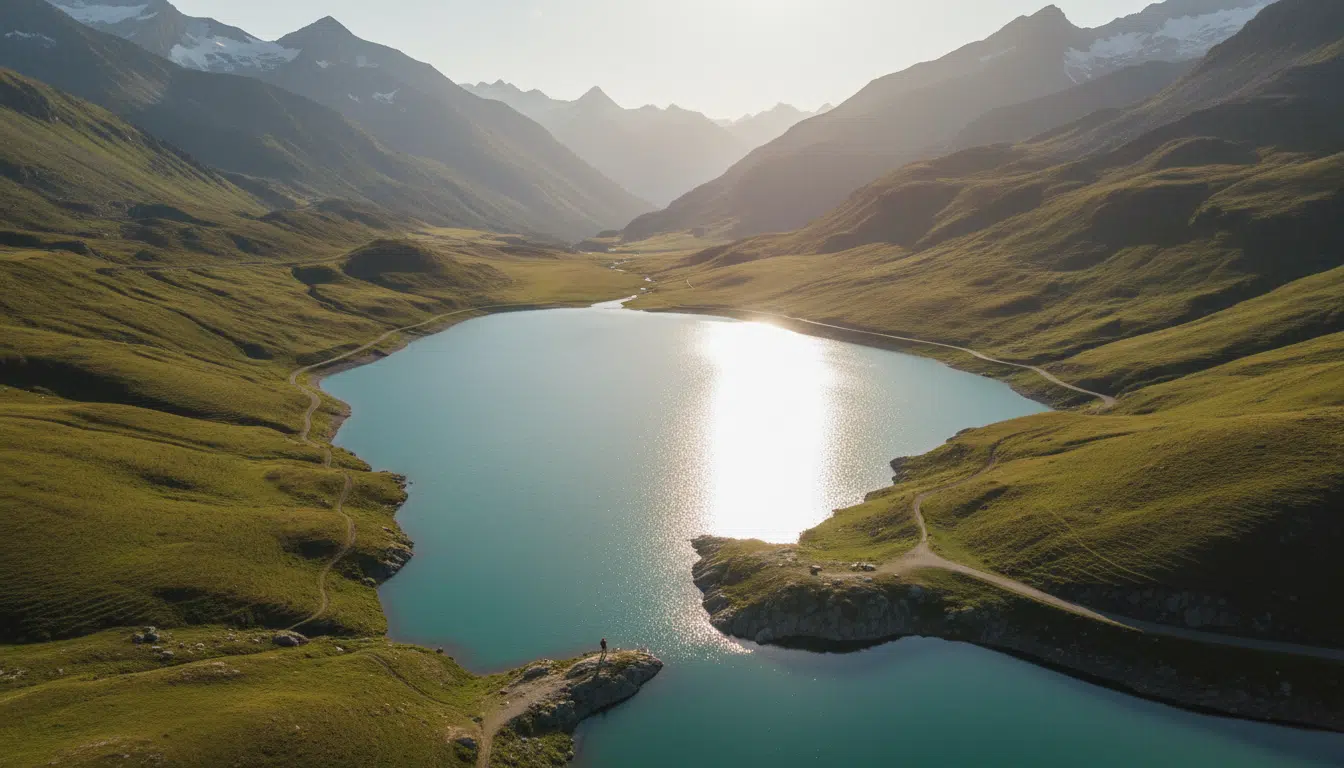 Vue aérienne du lac de Roselend en Savoie