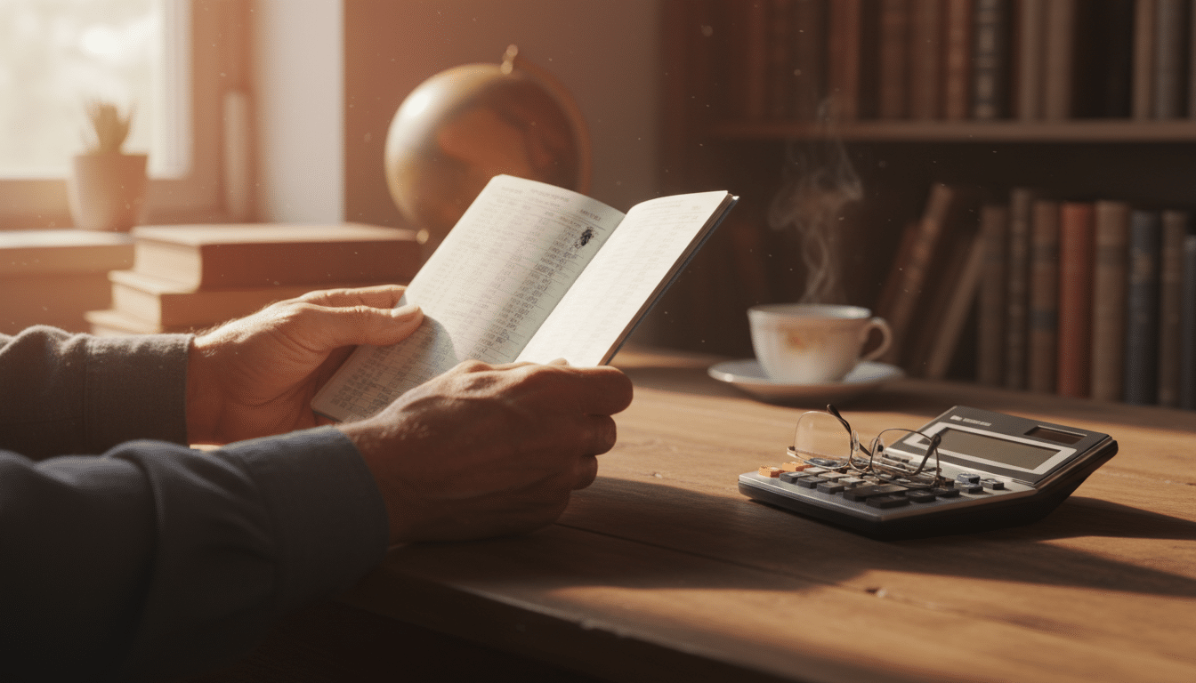 Mains tenant un livret d'épargne avec calculatrice