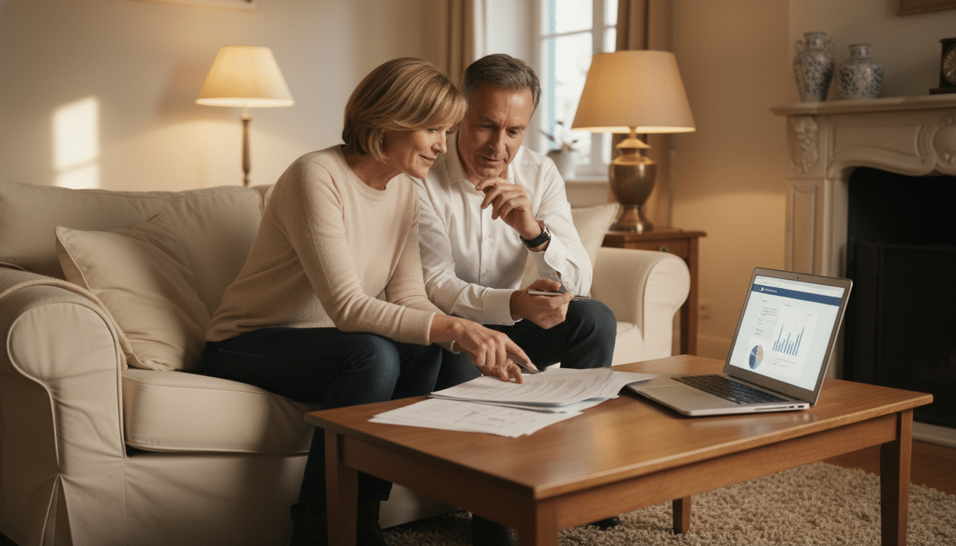 Couple consultant ses documents d'épargne ensemble