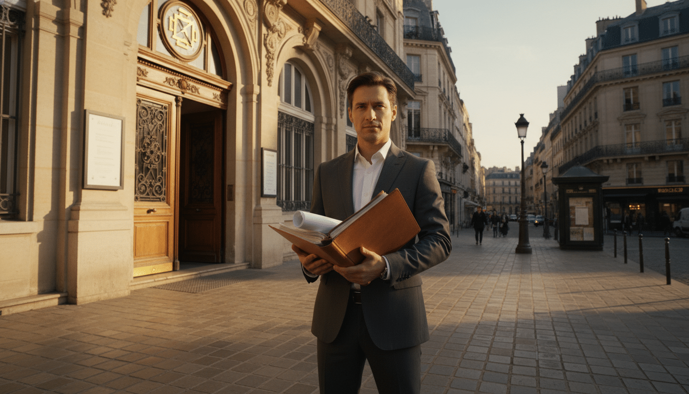 Personne devant une agence bancaire avec ses documents