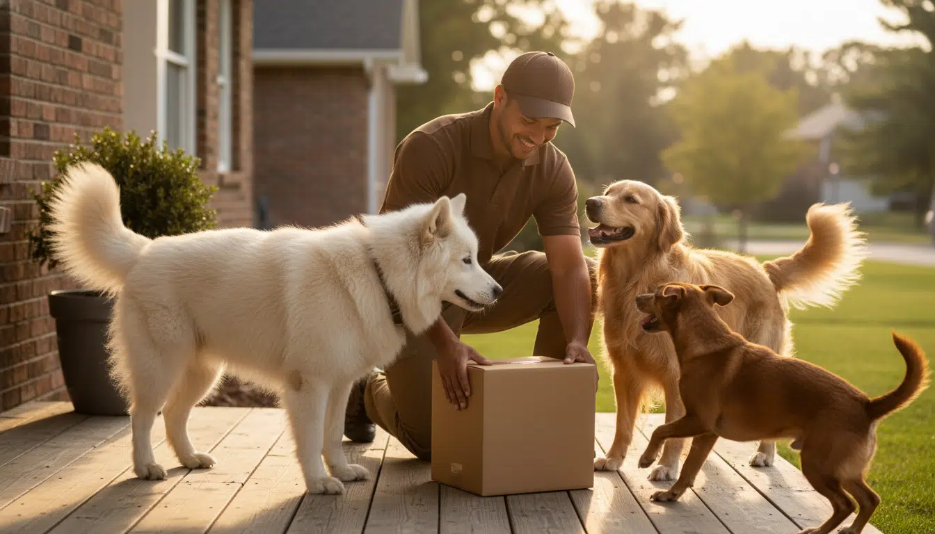 Livreur déposant un colis devant trois chiens enthousiastes